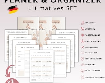 Planner & organizer in a set, household plan, budget plan, cleaning plan, financial tracker, daily plan, garden plan, German, download, template A4 A5 print