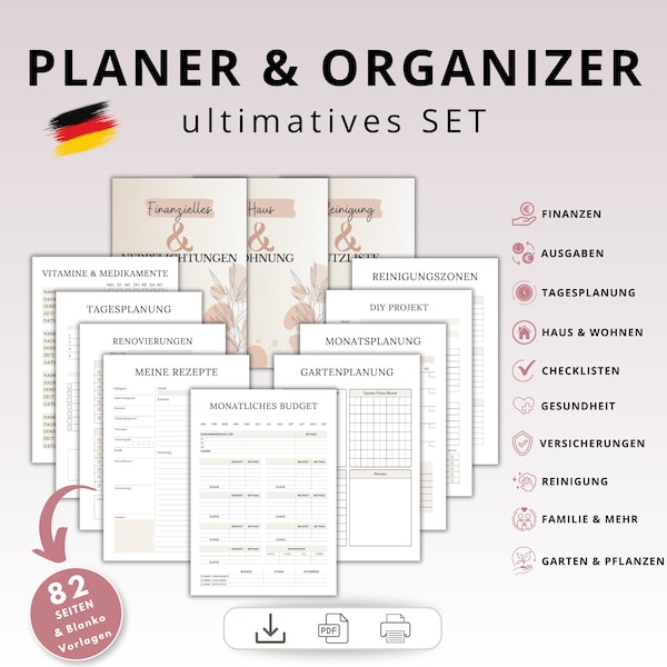 Planer & Organizer im Set, Haushaltsplan, Budgetplan, Putzplan, Finanztracker, Tagesplan, Gartenplan, Deutsch, Download, Vorlage A4 A5 Druck