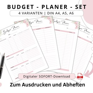 Könnte beinhalten: Ein Set aus vier druckbaren Budgetplaner-Vorlagen in den Größen A4, A5 und A6. Die Vorlagen haben ein rosafarbenes und grünes Blumenmuster und beinhalten Abschnitte zur Verfolgung von Einnahmen, Ausgaben und Ersparnissen. Der Text "Budget Planer - Set" und "4 Varianten | DIN A4, A5, A6" ist auf dem Bild sichtbar.