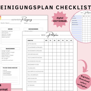 Puede incluir: Una lista de verificación de limpieza imprimible en alemán con una cuadrícula en blanco y negro. La lista de verificación incluye un horario de limpieza semanal para la cocina, el baño, la sala de estar y el dormitorio. La lista de verificación también incluye una sección para tareas diarias como hacer la cama, lavar los platos y sacar la basura. La lista de verificación está etiquetada como "Reinigungsplan Checkliste" y "Mein Putgplan".
