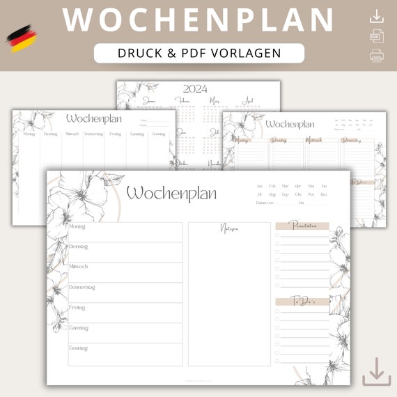 Wochenplaner, Tagesplanung, A3, A4, A5 Druckbarer Planer, Planer Set, To-Do Liste,  Planereinlagen, Sofortiger Download, Tracker,  PDF, 2024