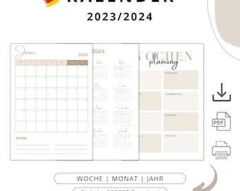 Kalender 2024/ 2023 August Start, Jahresübersicht, A4 Hochformat, PDF zum drucken, digitaler Download, Monatsansicht, blanko Vorlage,2