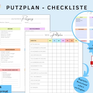 Puede incluir: Una lista de verificación de limpieza imprimible en alemán con un diseño colorido. La lista de verificación incluye un horario de limpieza semanal, una lista de tareas para la semana y una lista de tareas de limpieza para la cocina, el baño, el dormitorio y la sala de estar. La lista de verificación está disponible como descarga digital en formato PDF.