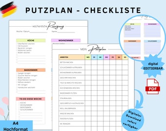 Cleaning schedule editable & printable, household and cleaning organizer in PDF A4 format, easy download