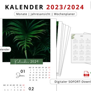 Könnte beinhalten: Ein Wandkalender für 2023/2024 mit einem grünen Farn-Design. Der Kalender enthält Monats-, Jahres- und Wochenansichten. Der Text auf dem Kalender lautet "Kalender 2024" und "Digitaler SOFORT-Download".