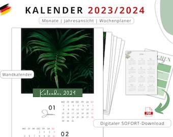 Kalender 2024/ 2023 August Start, Jahresübersicht, A4 Hochformat, PDF zum drucken, digitaler Download, Monatsansicht, blanko, Farn4