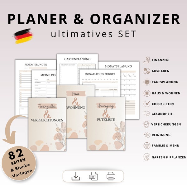 Mega Planer-Set, Haushaltsplan, Budgetplan, Putzplan, Finanztracker, Tagesplanung, Gartenplan uvm. Deutsch, Download, Vorlage A4 A5 Druck