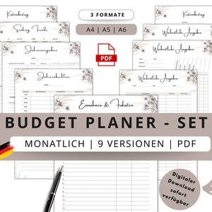 Könnte beinhalten: Ein Set druckbarer Budgetplaner-Vorlagen im PDF-Format. Die Vorlagen verfügen über ein florales Design in einem hellbraunen und weißen Farbschema. Der Text auf den Vorlagen ist in deutscher Sprache. Die Vorlagen sind in drei Größen erhältlich: A4, A5 und A6.