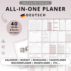 Könnte beinhalten: Ein druckbarer Planer auf Deutsch mit 40 Seiten. Der Planer enthält Abschnitte für Kalender, Budgets, Reinigungspläne, Tagespläne, Wochenpläne, Reisepläne und mehr. Das Cover zeigt einen Aquarellhintergrund mit einer deutschen Flagge.