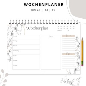 Puede incluir: Un planificador semanal imprimible con un dise&ntilde;o floral. El planificador incluye secciones para tareas diarias, notas y listas de tareas pendientes. El planificador est&aacute; disponible en tama&ntilde;os DIN A4, A4 y A5.
