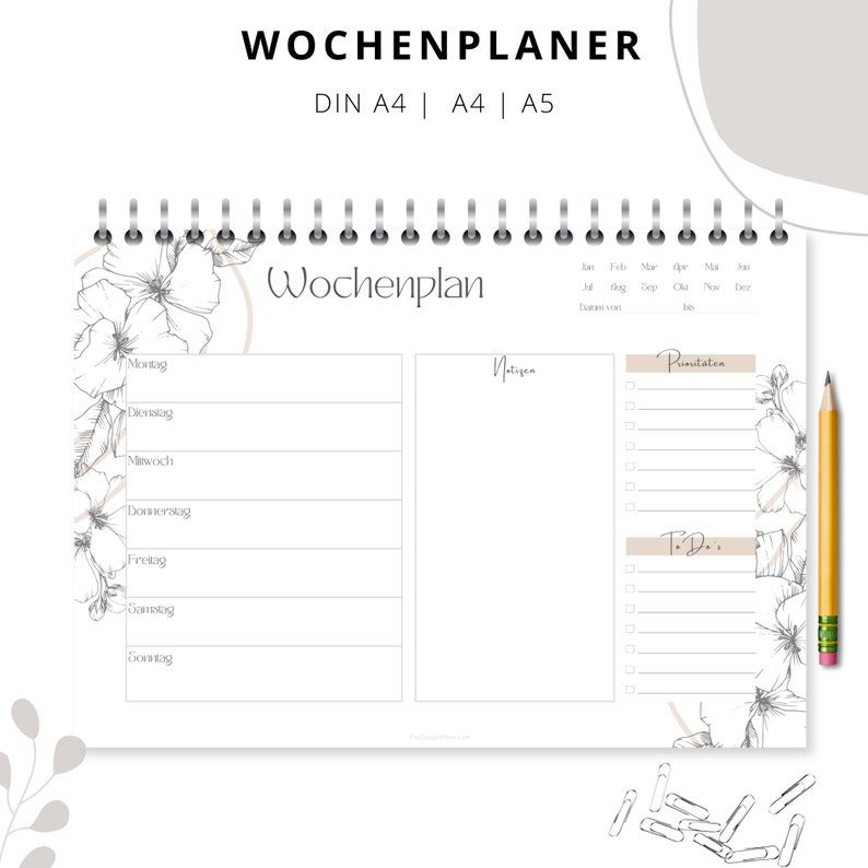 Puede incluir: Un planificador semanal imprimible con un dise&ntilde;o floral. El planificador incluye secciones para tareas diarias, notas y listas de tareas pendientes. El planificador est&aacute; disponible en tama&ntilde;os DIN A4, A4 y A5.