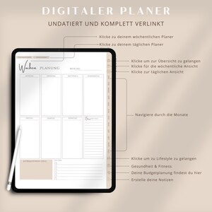以下が含まれることがあります： タブレットの画面に表示されているデジタルプランナーアプリ。このアプリには、週間プランナー、デイリープランナー、ライフスタイルセクションがあります。このアプリは日付が設定されておらず、完全にリンクされています。このアプリはドイツ語です。
