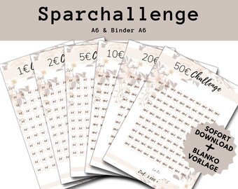 Könnte beinhalten: Ein Satz von fünf druckbaren Sparherausforderungen mit floralen Designs. Die Charts sind mit verschiedenen Geldbeträgen beschriftet: 1 Euro, 2 Euro, 5 Euro, 10 Euro, 20 Euro und 50 Euro. Die Charts sollen Menschen helfen, Geld zu sparen, indem sie ihren Fortschritt verfolgen.