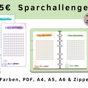 5 Euro Challenge, für Budget Planer, Umschlagmethode, Kleingeldchallenge, cash stuffing, A4, A5, A6, Digitaler PDF Download zum ausdrucken