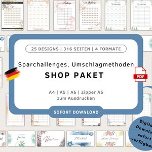 SHOP PACKAGE - savings challenges, envelope method, budget planner German, 30 days,| money envelopes | A6 Zipper | Financial Planner | Download PDF