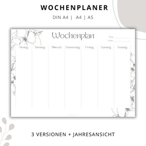 Puede incluir: Un planificador semanal imprimible con un dise&ntilde;o floral. El planificador est&aacute; dividido en siete columnas para cada d&iacute;a de la semana: lunes, martes, mi&eacute;rcoles, jueves, viernes, s&aacute;bado y domingo. El texto "Wochenplan" est&aacute; en la parte superior del planificador, que es alem&aacute;n para "plan semanal".