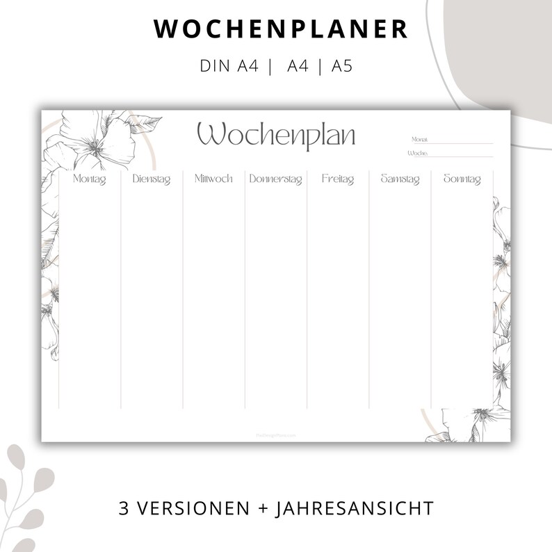 Puede incluir: Un planificador semanal imprimible con un dise&ntilde;o floral. El planificador est&aacute; dividido en siete columnas para cada d&iacute;a de la semana: lunes, martes, mi&eacute;rcoles, jueves, viernes, s&aacute;bado y domingo. El texto "Wochenplan" est&aacute; en la parte superior del planificador, que es alem&aacute;n para "plan semanal".