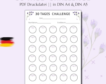 30 dagen uitdagingstracker | Afdrukbare gewoonte-tracker | PDF-print A5 en DIN A4 | Digitale download | Duits