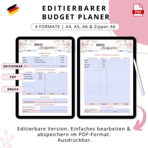 Könnte beinhalten: Editierbare Budgetplaner-Vorlage im PDF-Format. Die Vorlage hat zwei Seiten, eine für Einnahmen und Ausgaben und die andere für tägliche oder wöchentliche Ausgaben. Die Vorlage ist mit rosa und weißen Blumenmustern verziert.