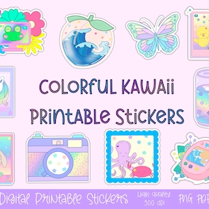 Naklejki do wydrukowania Kawaii, Kawaii PNG, do użytku komercyjnego PNG, pakiet naklejek PNG, naklejki Cricut, naklejki do drukowania i wycinania, arkusz naklejek Kawaii