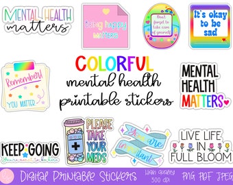 mental health stickers, digital download, planner stickers printable, print and cut sticker bundle, commercial use png, printable art