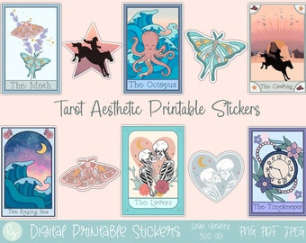 aesthetic printable stickers, Tarot card sticker png, Print and cut stickers, Cricut stickers, Digital download stickers, sticker bundle png