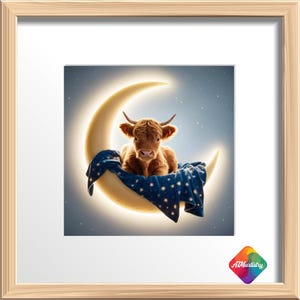 Highland Cow Nursery Print: Baby Calf on Moon (Digital Download)