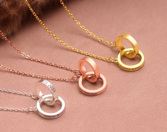 Collier d’anneaux liés, collier de cercles imbriqués, collier de nom gravé, collier personnalisé en or, cadeaux de fête des mères, cadeaux d’anniversaire