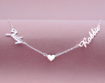 Collier de nom avec coeur, collier double nom, collier personnalisé à deux noms, collier de couple, cadeau pour femme, cadeaux personnalisés, cadeau de mère