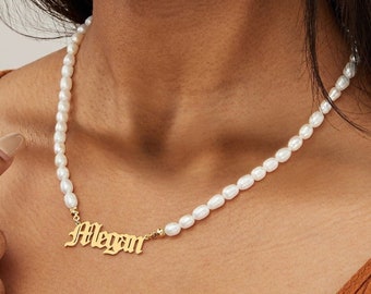 Custom Pearl Name Necklace, Old English Name Necklace, Beaded Name Necklace, 18k Gold Pearl Necklace, Grandma Gift, Christmas Gifts for Mom