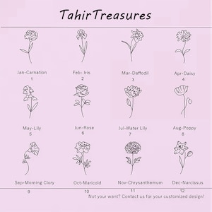 May include: A light pink graphic featuring twelve line-drawn flowers, each representing a birth month. The text "Tahir Treasures" is at the top. Each flower is labeled with its name and a number, from January to December.
