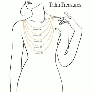 May include: Line drawing of a person wearing five gold necklaces of varying lengths: 14", 16", 18", 20", and 22". The necklaces are displayed against a white background. The text "TahirTreasures" is in the upper right corner.