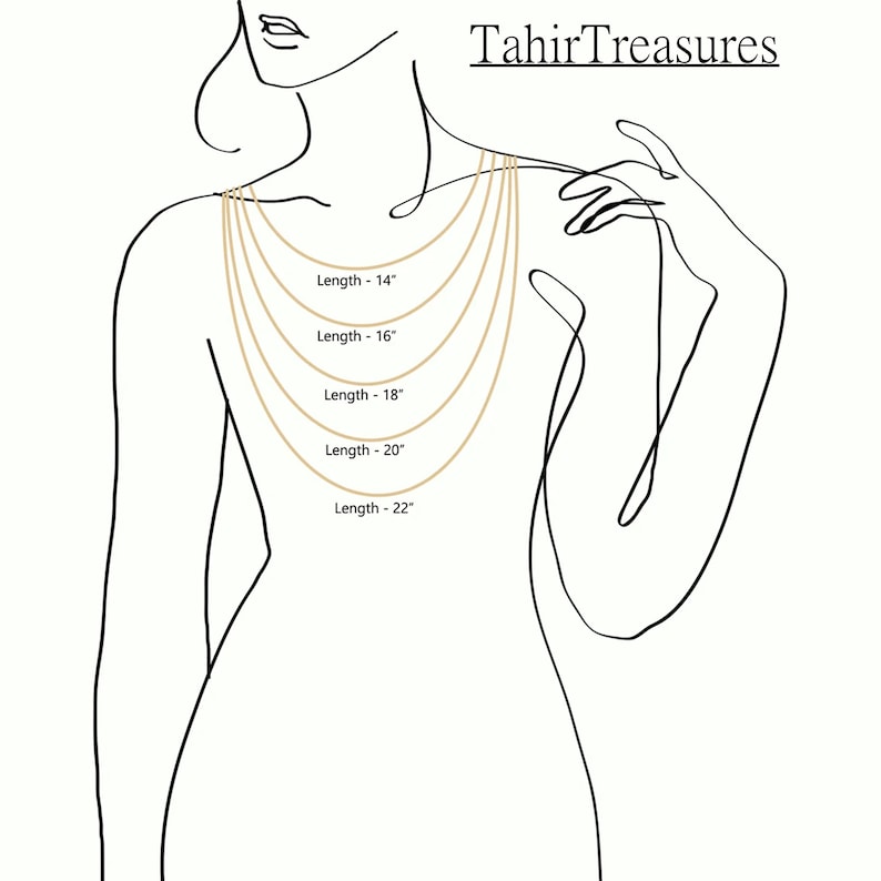 May include: Line drawing of a person wearing five gold necklaces of varying lengths: 14", 16", 18", 20", and 22". The necklaces are displayed against a white background. The text "TahirTreasures" is in the upper right corner.