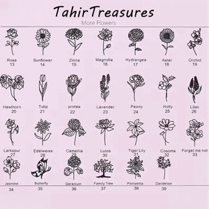 May include: A collection of black and white line drawings of various flowers, including a rose, sunflower, and tulip, with corresponding numbers. The text "Tahir Treasures" and "More Flowers" are at the top.