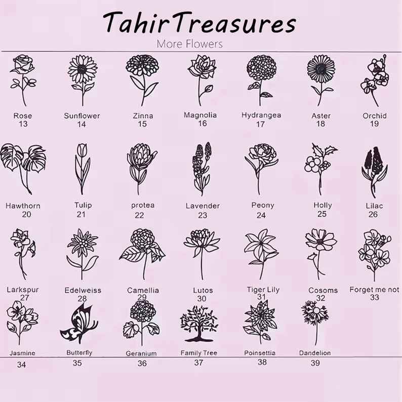 May include: A collection of black and white line drawings of various flowers, including a rose, sunflower, and tulip, with corresponding numbers. The text "Tahir Treasures" and "More Flowers" are at the top.