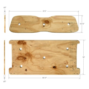 May include: Two wooden seat bases for a bench or chair. The top base is 37.5 inches long and 10.13 inches wide. The bottom base is 38.13 inches long and 18 inches wide. Both bases are made of plywood and have multiple holes drilled into them.