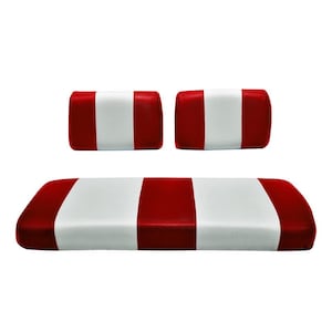 May include: Red and white striped golf cart seat covers. The set includes a two-piece seat cushion and two headrests.