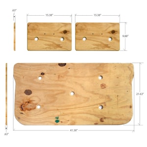 May include: A set of three unfinished wooden boards with rounded edges and multiple holes. The largest board measures 41.38 inches by 21.63 inches. The two smaller boards measure 15.38 inches by 9.88 inches.