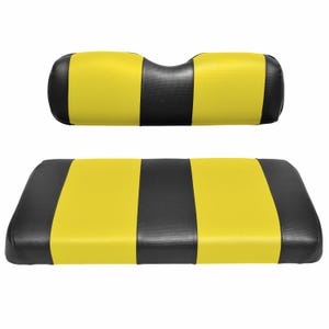 May include: A set of two golf cart seat cushions with black and yellow striped upholstery. The cushions are made of a durable, weather-resistant material.
