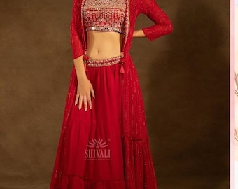 Rode Georgette Lehenga Choli en Koti met borduurvolgorde werk voor dames, Fancy Lehenga Choli voor meisjes, Lehenga Choli met jas