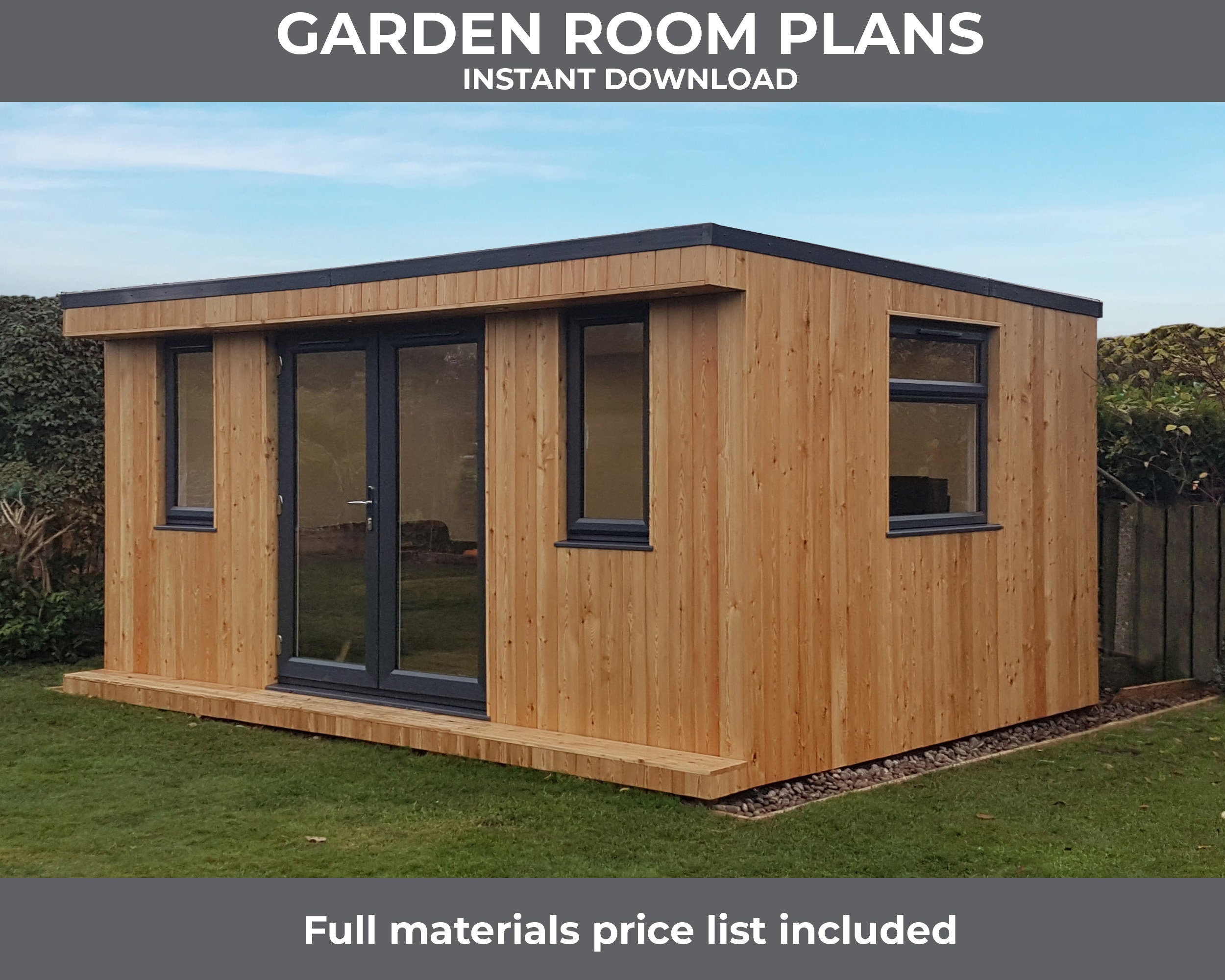 Garden Room Plans. 4.8x3 metre Garden Room with french doors – Including a materials price list. DIY Garden Room, Garden office
