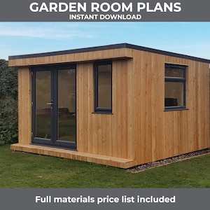 Planos de sala de jardín. Sala de jardín de 4 x 3 metros con puertas francesas. Incluye lista de precios de materiales. Sala de jardín de bricolaje, oficina de jardín