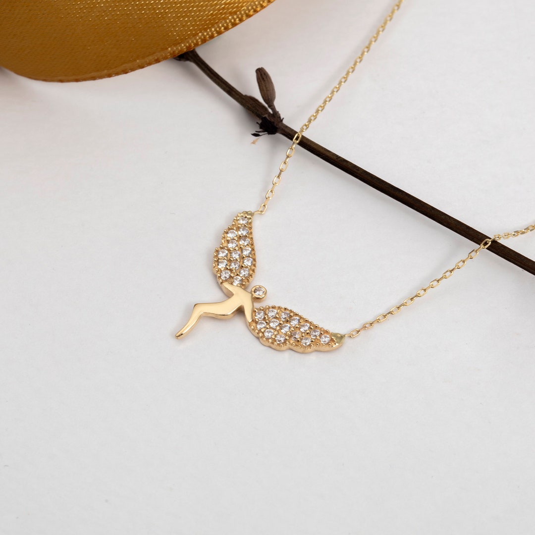 Angel Necklace 14k Solid Gold Angel Necklace Tiny Angel Etsy