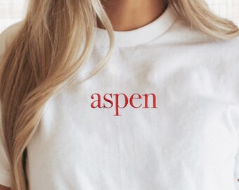 Haftowana koszulka Aspen, koszulka Aspen, minimalistyczna koszulka z okrągłym dekoltem, prezent Aspen Colorado