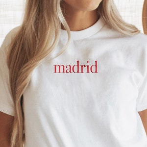 Embroidered Madrid T Shirt, Madrid Tee Shirt, Minimalist Crewneck Tee, Madrid United Kingdom Gift