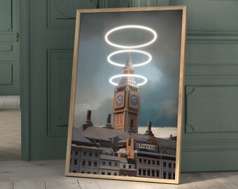 ロンドン アート旅行ポスター、ロンドン ビッグベン アート ポスター、ウェストミンスター アート イラスト、英国ポスター デジタル ダウンロード