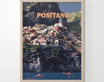 Amalfi Coast Poster, Positano Poster, Italy Travel Art Print, Italy Illustration Art, Retro Poster