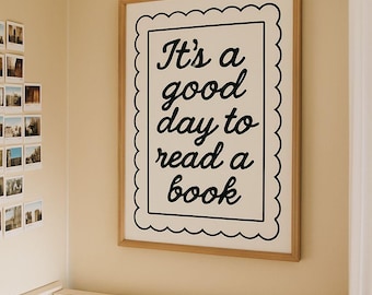 Arte digital con frase "Lectura acogedora", impresión "Buen día para leer", decoración literaria para el hogar, descarga instantánea