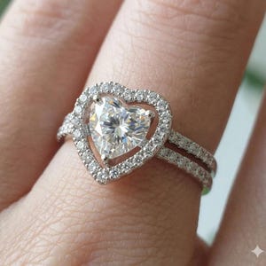 Heart In Heart 7.00mm Moissanite Halo Engagement Wedding Bridal Ring Set