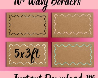 May include: Four brown rectangular cards with wavy borders in black, pink, white, and teal. The text "10+ Wavy Borders" and "Instant Download" are displayed above and below the cards. One card has the text "5x3 ft".